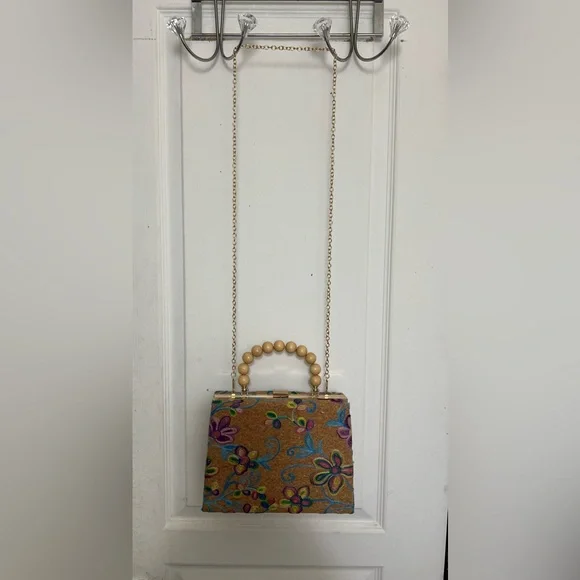 Embroidered Floral Cork Top-Handle Bag - Picture 3 of 6